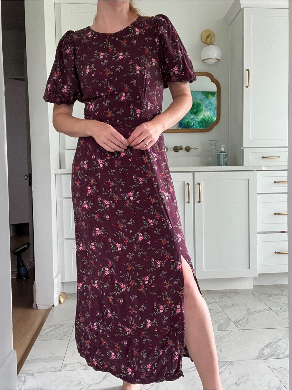 Old Navy Burgundy Floral Maxi Dress with Puff Sleeves